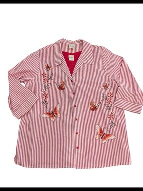 Blair 2 Piece Set Women Large Red Stripe Button Shirt Butterfly Embroidered Tee